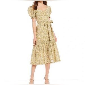 Antonio Melani Green Floral Midi Dress Puff Sleeve Tie Waist Size 2 NWOT